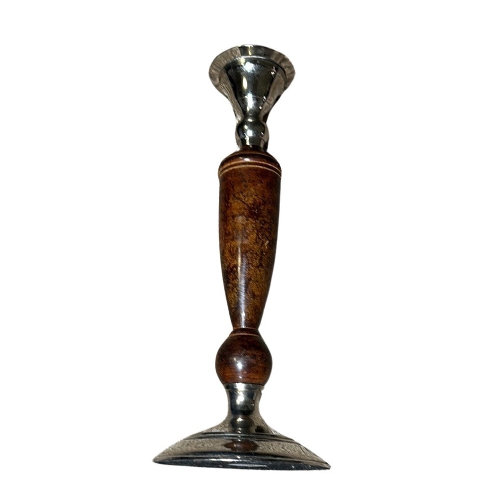 Lacquered VTG RusticFarmhouse OldWorld Boho Traditional Silver&Wood CandleHolder